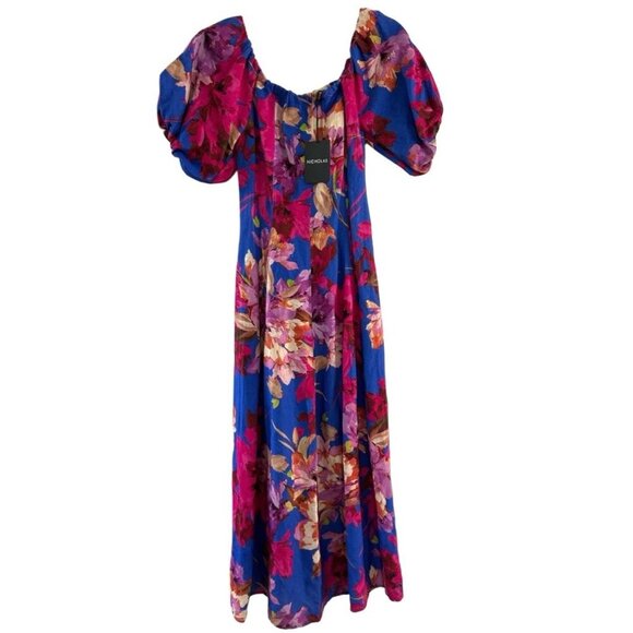 Nicholas Off-The-shoulder Floral-Print Linen-Blend Midi Dress w Puff Sleeves, 8 - Picture 2 of 8